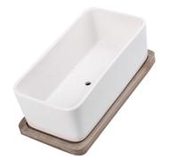 Levemolo Vaso in Ceramica Oblungo con Vassoio in Bambù, Bianco, per Piante Succulente e Bonsai, per Balcone e Ufficio, Composizione di Vaso in Ceramica