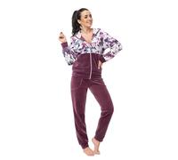 LEVERIE Tuta Wellness da donna alla moda/Tuta da casa/Tuta da allenamento (Made in EU) con elegante giacca in felpa e comodi pantaloni (XL, Prugna con motivo floreale)