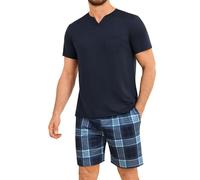 Leversic Pigiama Estivo Uomo Cotone Corto Pigiami Estivi Scollo a V Abbigliamento da Casa in Due Pezzi Comodo Morbido 469-Blu M