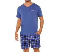 Leversic Pigiama Uomo Estivo Pigiami Corto Scollo a V Abbigliamento da Casa in Due Pezzi Comodo Morbido 308-Blu S