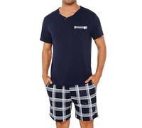 Leversic Pigiama Uomo Estivo Pigiami Corto Scollo a V Abbigliamento da Casa in Due Pezzi Comodo Morbido 308-Blu Navy S