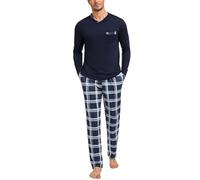 Leversic Pigiama Uomo Invernale Lungo in Cotone - Scollo a V, Due Pezzi, Maniche Lunghe e Pantaloni a Quadri - Blu Scuro M
