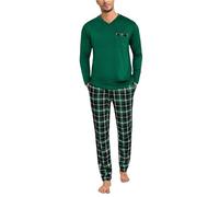 Leversic Pigiama Uomo Invernale Pigiama Lungo Cotone Uomo Pigiama da Uomo Scollo a V Pigiama Due Pezzi Pigiama Maniche Lunghe e Pantaloni a Quadri Verde Scuro XXL