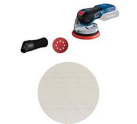 Levigatrice eccentrica a batteria Bosch GEX 18V-125 + rete abrasiva Bosch 25x EXPERT M480 (per cartongesso, legno duro, Ø 225 mm, grana 120, accessori professionali per levigatrici per cartongesso)