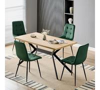 LEWE Set da Pranzo con Sedie, Tavolo da Cucina Rettangolare in Legno Chiaro 140X80X76cm con 4 Verde Scuro Sedie da Pranzo Olandesi in Velluto, Gambe Metallo Nero, Adatto Sala da Pranzo Soggiorno