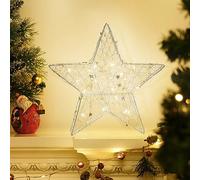 Lewondr 30 cm Lampada Decorativa a Forma di Stella, Lampada Natalizia di Struttura Metallica Tridimensionale Decorata dalle 20 Lampadine a LED, Perline e Stelline, Alimentazione a Due AA Pile, Argento