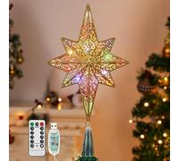 Lewondr 36 cm Punta dell'Albero di Natale di Stella di Otto Punte, Decorata dai Fili Glitter e Perline di Luce con Effetto Lampeggiante RGB, con Timer Automatico, Alimentazione a Tre AA Pile, Oro