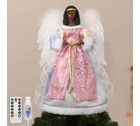Lewondr Angelo Nero Per Cima Albero Di Natale, 12" Cima Albero Angelo Africana Con Ali E Luce Candela, 8 Modalità E Timer 6H Alimentazione USB E Telecomando, Decorazione Natalizia Per La Casa,Rosa+Blu