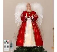 Lewondr Angelo Per Cima Albero Di Natale, 12" Cima Albero Angelo Con Ali E Luce Candela, 8 Modalità E Timer 6H Alimentazione USB E Telecomando, Decorazione Natalizia Per La Casa, Rosso