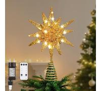Lewondr Cima per Albero di Natale a Stella, 11" con Alimentazione a Presa e Telecomando Cima Geometrica 3D Illuminata per Decorazioni Natalizie, Funzione Timer e Cavo da 5m, Luce Calda, Oro