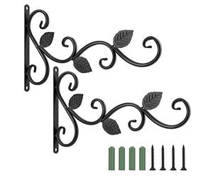 Lewondr Gancio Appendivasi Portavasi, [2 PZ] Appendivasi da Parete in Lega, Supporto Piante Sospense, Appendi Fiori per Balconi Giardino Casa, Viti Incluse, 30 x 19cm, Nero, Foglia