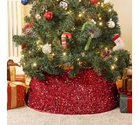 Lewondr Gonna di Albero di Natale in Tessuto di Paillette, Copri Base per Albero di Natale con Telai Rimovibili a Tubo Plastico, con Chiusura a Strappo, Decorazioni Natalizie per Casa, Rosso