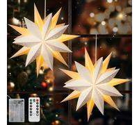 Lewondr Lanterna Carta di Natale, 2PCS Lampada di Carta con Telecomando, Lanterne a LED con Luci 6H Timer, Tre Strati Lampade a Sette Punte per la Decorazione della Casa