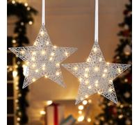 Lewondr Luce a Sospensione Decorativa, Lanterna a Stella di Struttura Metallica Decorata dalle Perline di Luce, Luce Decorativa del Filo di Ferro LED a Batteria per la Festa di Natale, Argento