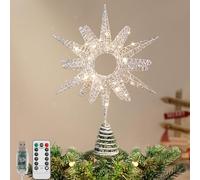 Lewondr Punta per Albero di Natale Xmas Stella in Metallo 14,17" con 30 Lampadine LED,Telecomando USB,Punta di Girasole Glitterato,Timer 6 Ore,8 Modalità di Luci Decorazioni Natalizie per Casa,Argento