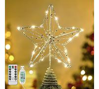 Lewondr Puntale dell'Albero di Natale a Forma di Stella Classica a Cinque Punte in Metallo, Punte dell'Albero Decorate dalle Perle e dalle Perline di Luci, Altezza di 12 Pollici/30cm, Argento