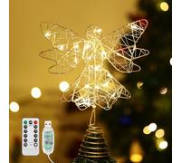 Lewondr Puntale per Albero di Natale a Forma di Angelo, 9,8" Topper con Base a Molla Telecomandato Alimentato da USB con 8 Modalità di Luce, Oro