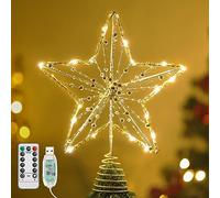 Lewondr Puntale per Albero di Natale a Forma di Stella, 11,8" Puntale con Base Spirale Telecomandato Alimentato da USB, 8 Modalità con Timer, Oro