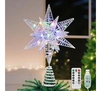 Lewondr Puntale per Albero di Natale a Forma di Stella, 11" Puntale con Base Spirale Telecomandato Alimentato da USB o a Batteria, 8 modalità Luce per Natale con Timer, Luce Colorata, Argento Bianco
