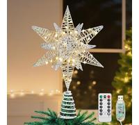 Lewondr Puntale per Albero di Natale a Forma di Stella, 11" Puntale con Base Spirale Telecomandato Alimentato da USB o a Batteria, 8 modalità Luce per Natale con Timer, Luce Calda, Argento Bianco