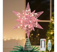 Lewondr Puntale per Albero di Natale a Forma di Stella, 11" Puntale con Base Spirale Telecomandato Alimentato da USB o a Batteria, 8 modalità Luce per Natale con Timer, Luce Calda, Rosa