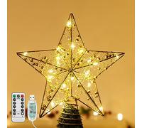 Lewondr Puntale per Albero di Natale a Forma di Stella, 11" Puntale con Base Spirale Telecomandato Alimentato da USB, 8 modalità con Timer, Oro