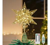 Lewondr Puntale per Albero di Natale a Forma di Stella, 11" Puntale con Base Spirale Telecomandato Alimentato da USB o a Batteria, 8 modalità di Luce per Natale con Timer, Oro Champagne
