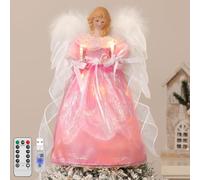 Lewondr Puntale Per Albero Di Natale Angelo, 12'' Angelo Luminoso Per Albero Con Ali E Candela, 8 Modalità E Timer 6H USB E Telecomando Decorazione Natalizia Per Casa, Rosa