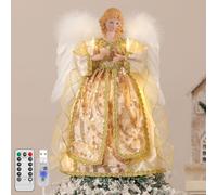 Lewondr Puntale Per Albero Di Natale Angelo, 12'' Angelo Luminoso Per Albero Con Ali E Candela, 8 Modalità E Timer 6H USB E Telecomando Decorazione Natalizia Con Paillettes Per Casa, Oro