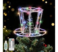 Lewondr Puntale Per Albero Di Natale Cappello, 9.45" Cappello In Resina Con 40 LED Multicolori, Timer 6H & 8 Modalità USB Telecomando, Puntale Per Decorazione Natalizia Da Interno, Argento