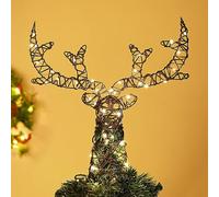 Lewondr Puntale per Albero di Natale, Punta per Albero a Forma di Cervo con Cornice in Metallo con 50 Perline di Luce Calda, Decorazione per Albero con Timer Telecomandato e Alimentato da USB, Marrone