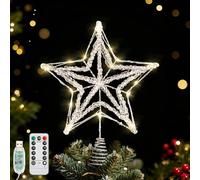 Lewondr Puntale Per Albero Di Natale Stella, 11.42" Stella In Resina Lucente Con 20 LED, Timer 6H & 8 Modalità USB Telecomando, Puntale Per Decorazione Natalizia Da Interno, Argento