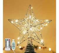 Lewondr Punte di Albero di Natala a Forma di Stella a Cinque Punte in Metallo con Base Spirale, Puntale dell'Albero di Natale, Avvolte dalle Catene di Perline e con Luci Integrate Calde, Argento