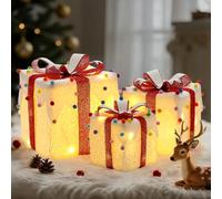 Lewondr Scatole Regalo Illuminate Natalizie, 3PCS Scatole Regalo Natalizie per Interno Ed Esterno con Telecomando, Cavo USB, Fiocchi, PON PON di Peluche Colorati, Decorazioni Natalizie
