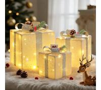 Lewondr Scatole Regalo Illuminate Natalizie, 3PCS Scatole Regalo Natalizie per Interno Ed Esterno con Telecomando, Cavo USB, Motivo Fiocco di Neve Bianco E Fiocchi, Decorazioni Natalizie