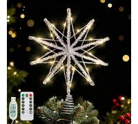 Lewondr Stella Cima Per Albero Di Natale 20 LED, 13.8 Pollice Stella A 10 Punte In Resina Lucente, Cima Alimentata A USB E Telecomando Per Decorazione Albero Di Natale, Timer 6H & 8 Modalità, Argento