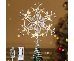 Lewondr Stella di Natale, Stella dell'Albero con Struttura in Metallo con 15 Perle di Luce Calda, Albero di Natale Topper Alimentat con Fiocco di Neve Via USB, Decorazioni per la Casa per Le Vacanze