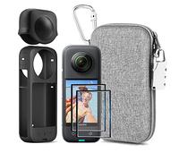 LEWOTE Kit di accessori 7 in 1 compatibile con Insta360 X3 [custodia in silicone per fotocamera e copriobiettivo] [2 pellicole protettive per schermo 3D] [custodia da trasporto con moschettone di