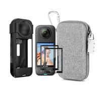 LEWOTE Kit di accessori 7 in 1 compatibile con Insta360 X5 [custodia in silicone per fotocamera e copriobiettivo] [2 pellicole protettive per schermo 3D] [custodia da trasporto con moschettone