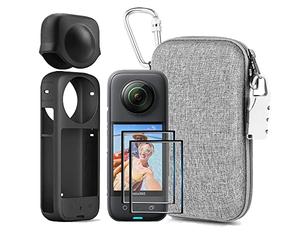 LEWOTE Kit di Accessori 7in1 Compatibile con Insta360 X3 [Custodia in Silicone per Fotocamera e Copriobiettivo] [2 Pellicole Protettive] [Custodia per il Trasporto Esterna con Moschettone]