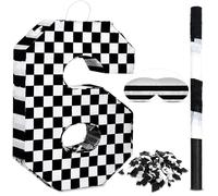 Lewtemi Pignatta a forma di macchina da corsa, a scacchi, decorazione per feste di compleanno, colore bianco e nero, con coriandoli e bastoncini, maschera per gli occhi per festa del ragazzo, 39 x 26