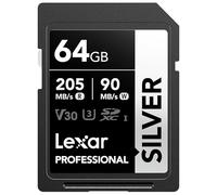 Lexar 64GB SD Card SILVER, fino a 205 MB/s in Lettura, Scheda di Memoria SDXC UHS-I, Classe 10, U3, V30, SD Card per Fotografi Professionisti, Videografi, Appassionati