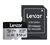 Lexar Scheda di memoria professionale Silver Plus microSDXC da 512 GB con adattatore SD, UHS-I, C10, U3, V30, video Full HD e 4K, fino a 205/150 MB/s in lettura/scrittura, per videografi e giocatori