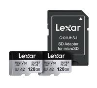 Lexar Silver Plus - Scheda di memoria professionale da 128 GB (2 pezzi) microSDXC, UHS-I, C10, U3, V30, Full-HD e video 4K, fino a 205/150 MB/s in lettura/scrittura, per videografi e giocatori