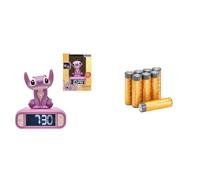 Lexibook, Disney Stitch, Sveglia notturna a luce d'Angel, suoni e melodie, schermo LCD retroilluminato, luminosa, Snooze, rosa, RL800D1 + Amazon basics confezione da 8 AA