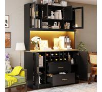 Lexiou Armadietto laterale, armadio da cucina, credenza, con illuminazione a LED e presa, sei ante, due cassetti grandi, 120 x 36,3 x 180 cm (nero)