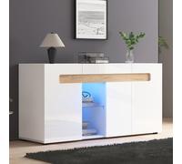 Lexiou Credenza moderna a 3 porte, controllo luce LED, armadio soggiorno con controllo app, mobili lucidi, 140 x 40 x 70 cm, bianco con fondo in vetro, armadio