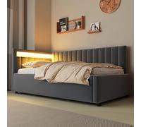 Lexiou Divano letto imbottito, 90 x 200 cm, con illuminazione a LED e spazio idraulico, classico design a strisce verticali, testiere laterali con posizioni intercambiabili (grigio)