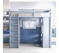 Lexiou Lettino a soppalco per bambini, 90 x 200 cm, con ripiani a più livelli, con semplici grucce e ripiani, con 1 carrello portaoggetti rimovibile, molto spazio, letto per ragazzi, letto singolo