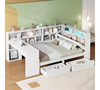 Lexiou Letto a piattaforma in legno a forma di L, 140 x 200 cm, con scrivania e libreria, capitano ad angolo con testiera imbottita, cassetti sotto il letto, luce LED - bianco